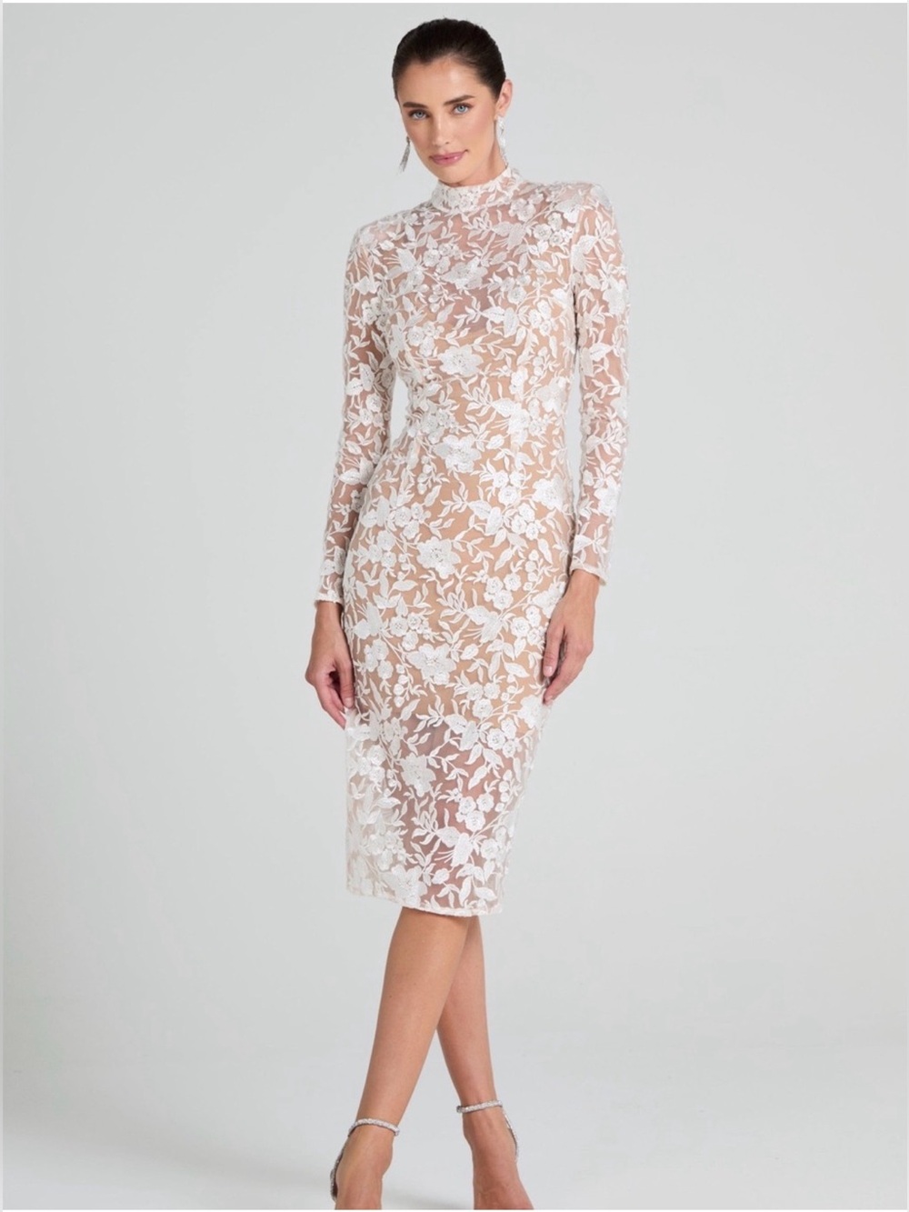 NADINE MERABI Naomi White Floral Lace Long-Sleeve Midi Dress